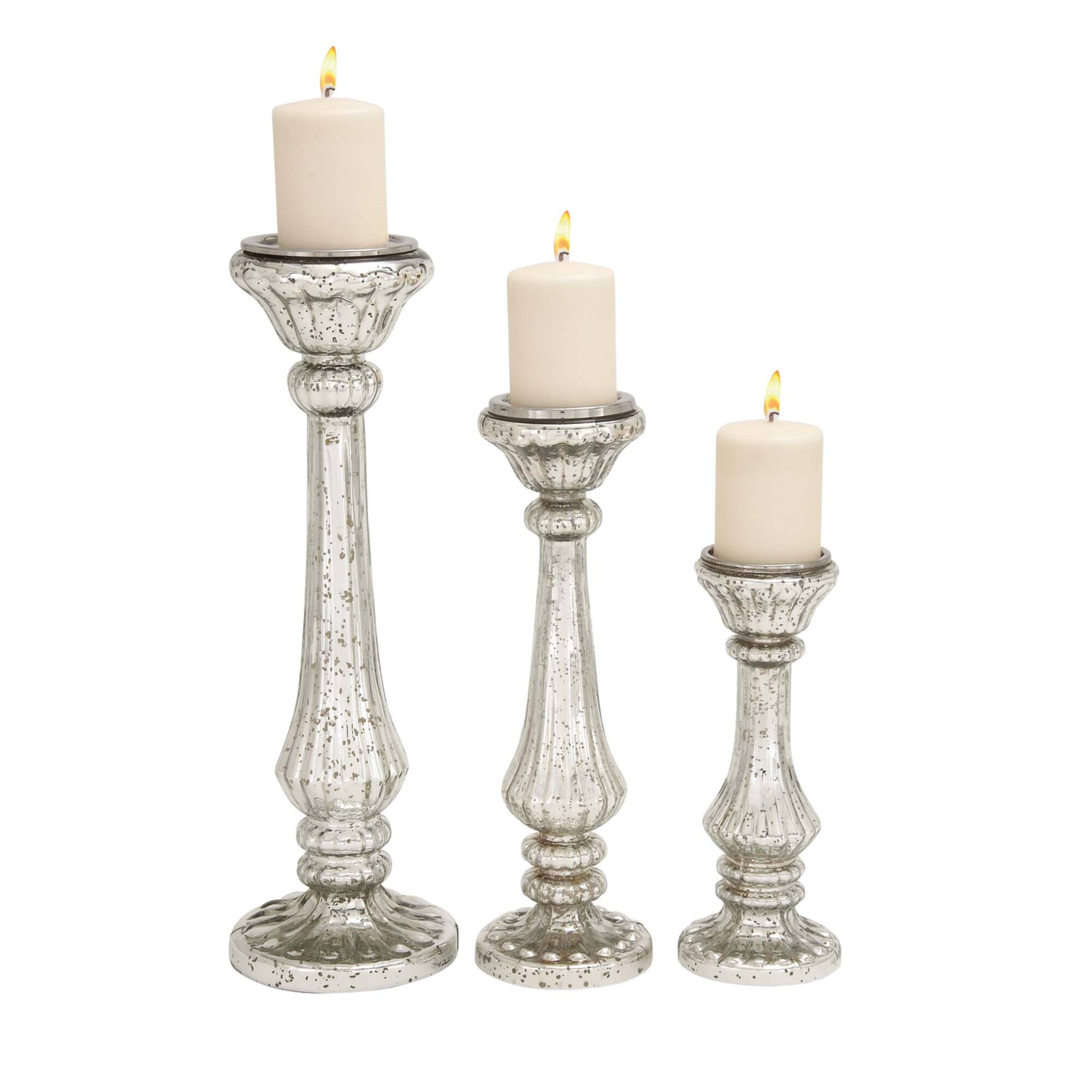 Silver Glass Traditional Candle Holder Set